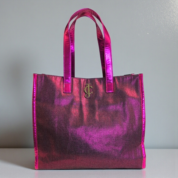 Juicy Couture Metallic Fuchsia Pink Tote Bag Gold JC Logo - Picture 11 of 11